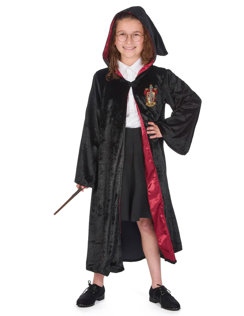 Vedere din față cu glugă și baghetă a costumului lux rochie Harry Potter pentru copil