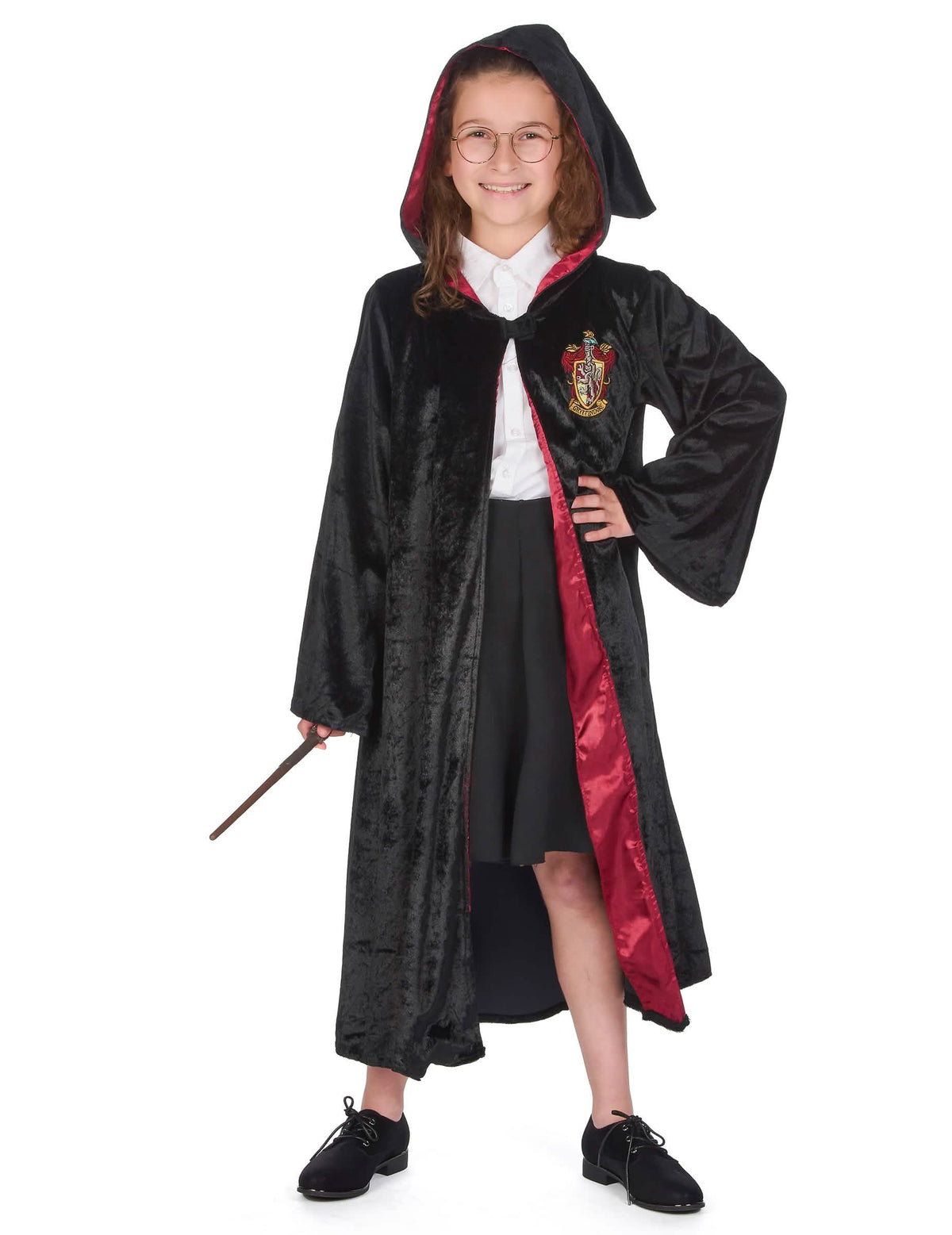 Vedere din față cu glugă și baghetă a costumului lux rochie Harry Potter pentru copil