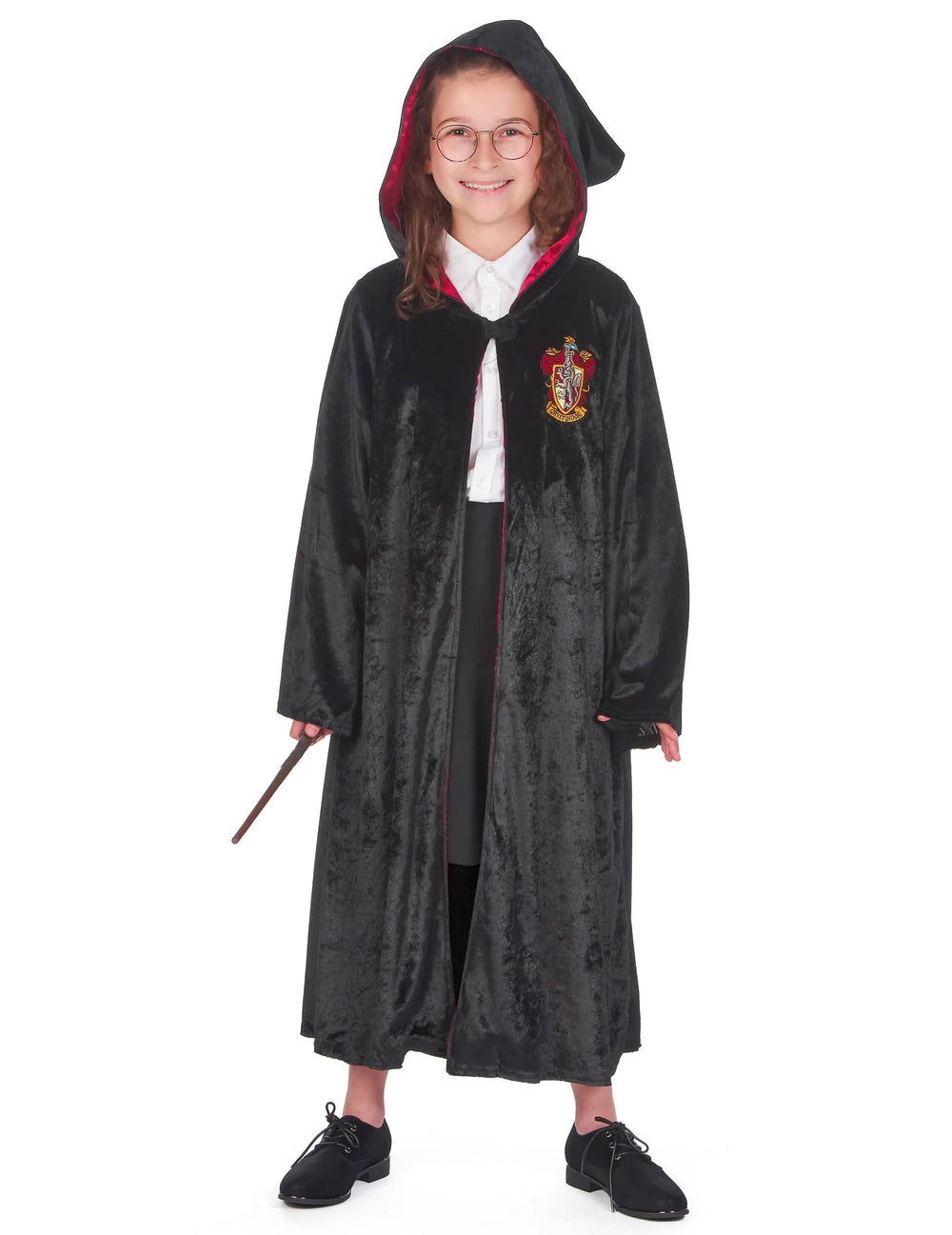 Vedere din față cu gluga ridicată a costumului lux rochie Harry Potter pentru copil