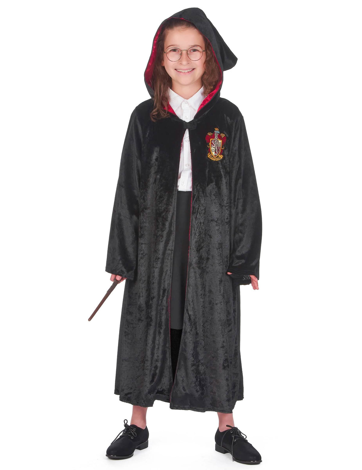 Vedere din față cu gluga ridicată a costumului lux rochie Harry Potter pentru copil