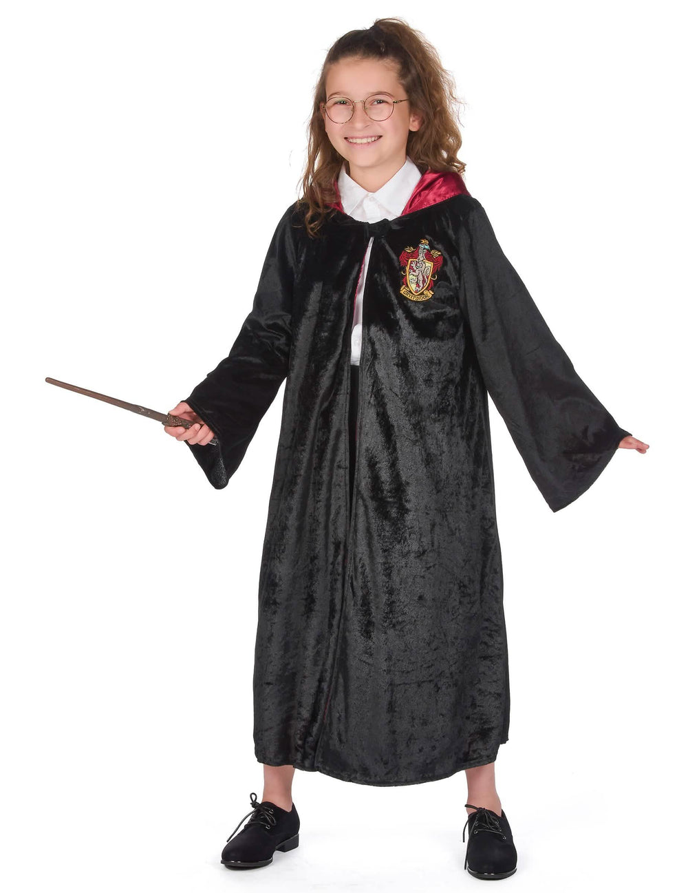 Vedere din față cu ochelari și baghetă a costumului lux rochie Harry Potter