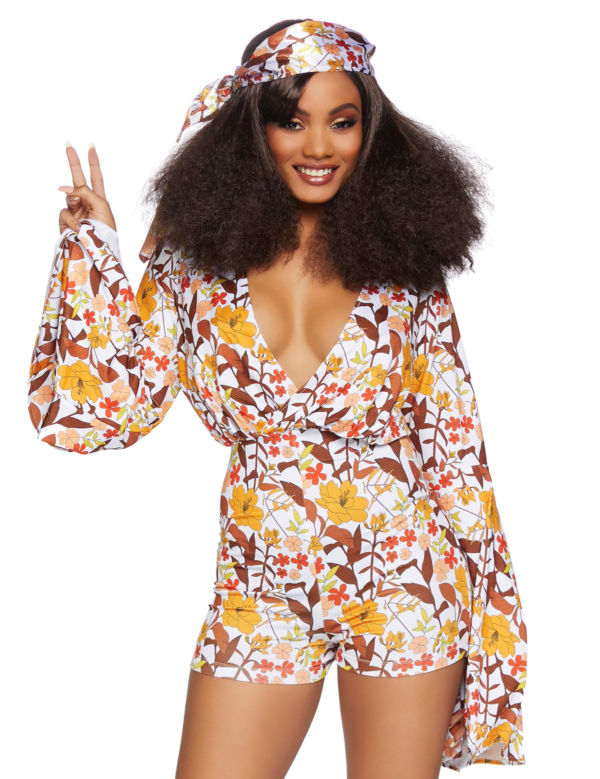 Déguisement luxe sexy boogie pour femme à motif floral orange et jaune avec bandeau