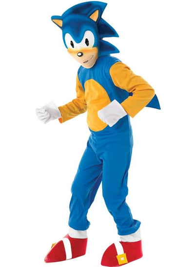 Déguisement luxe Sonic pour enfant bleu et beige avec gants blancs et surbottes rouges