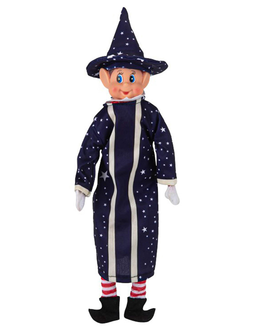 Costum de magicien pentru păpușă spiriduș ștrengar albastru închis cu modele stele și pălărie ascuțită