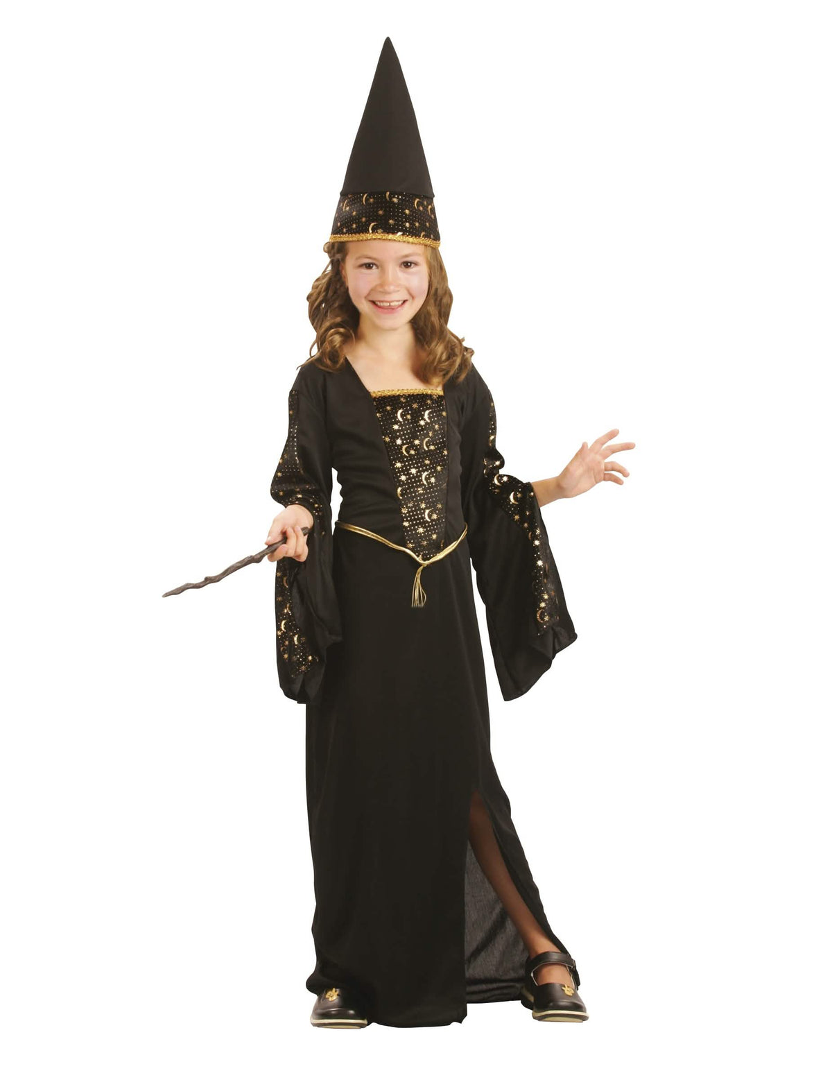 Costum de magiciană pentru fată negru și auriu cu motive cu luni și stele