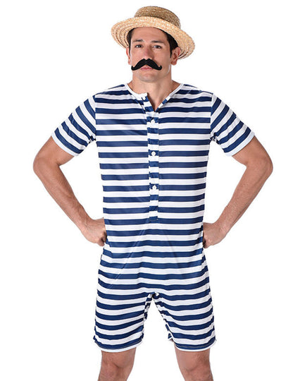 Costum de baie retro albastru și alb