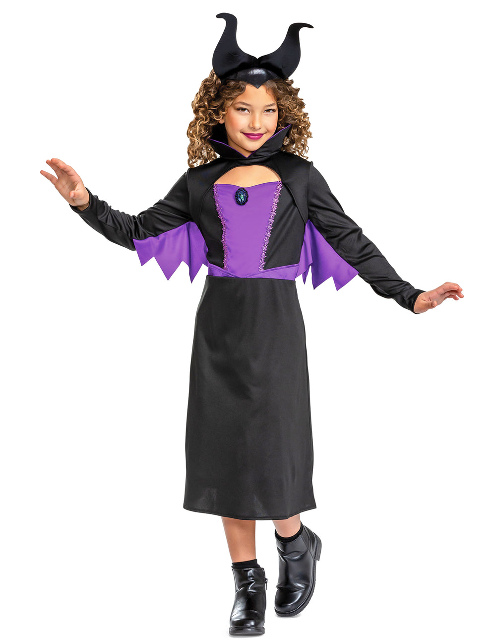 Déguisement Maléfique™ classique pour fille noir et violet avec serre-tête cornes
