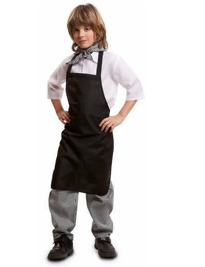 Déguisement marchand de châtaignes pour garçon noir et blanc avec tablier et pantalon à carreaux