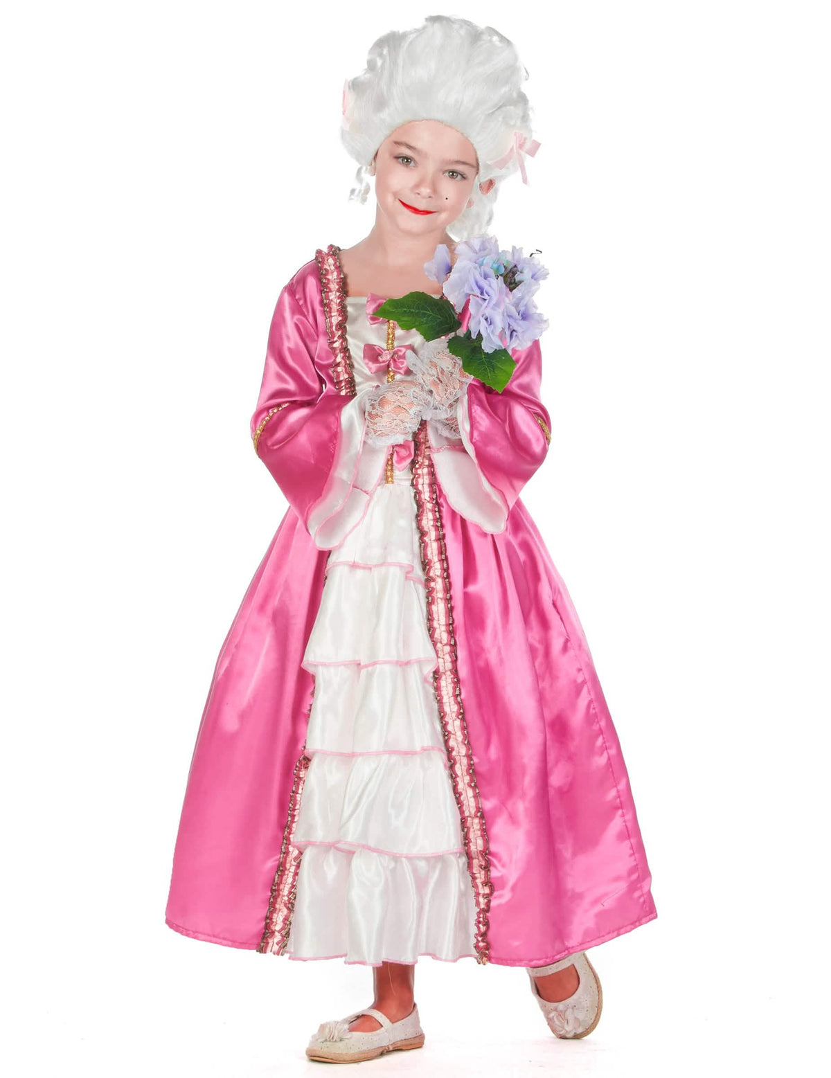 Vedere frontală cu buchet de flori a costumului de Marie-Antoinette pentru copil