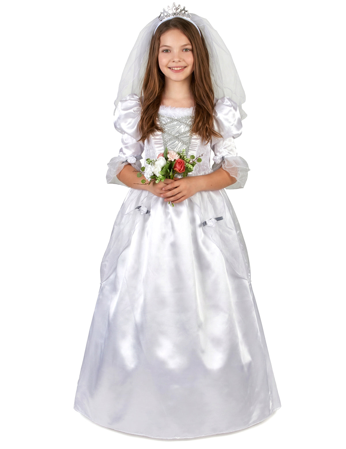 Vue de face du déguisement de mariée pour fille