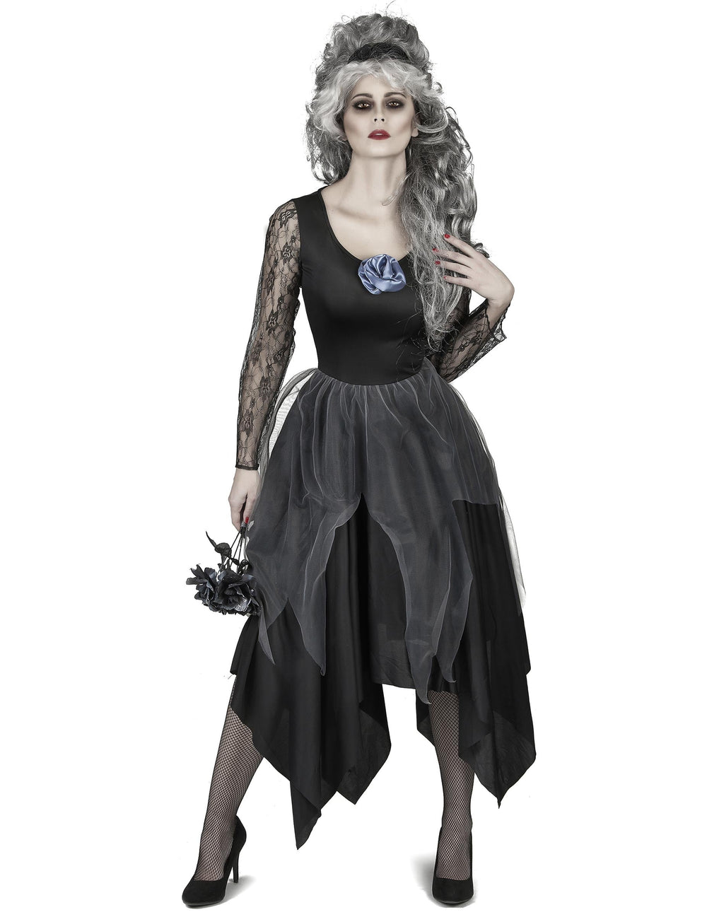 Déguisement mariée ténèbre dentelle pour femme noir et gris