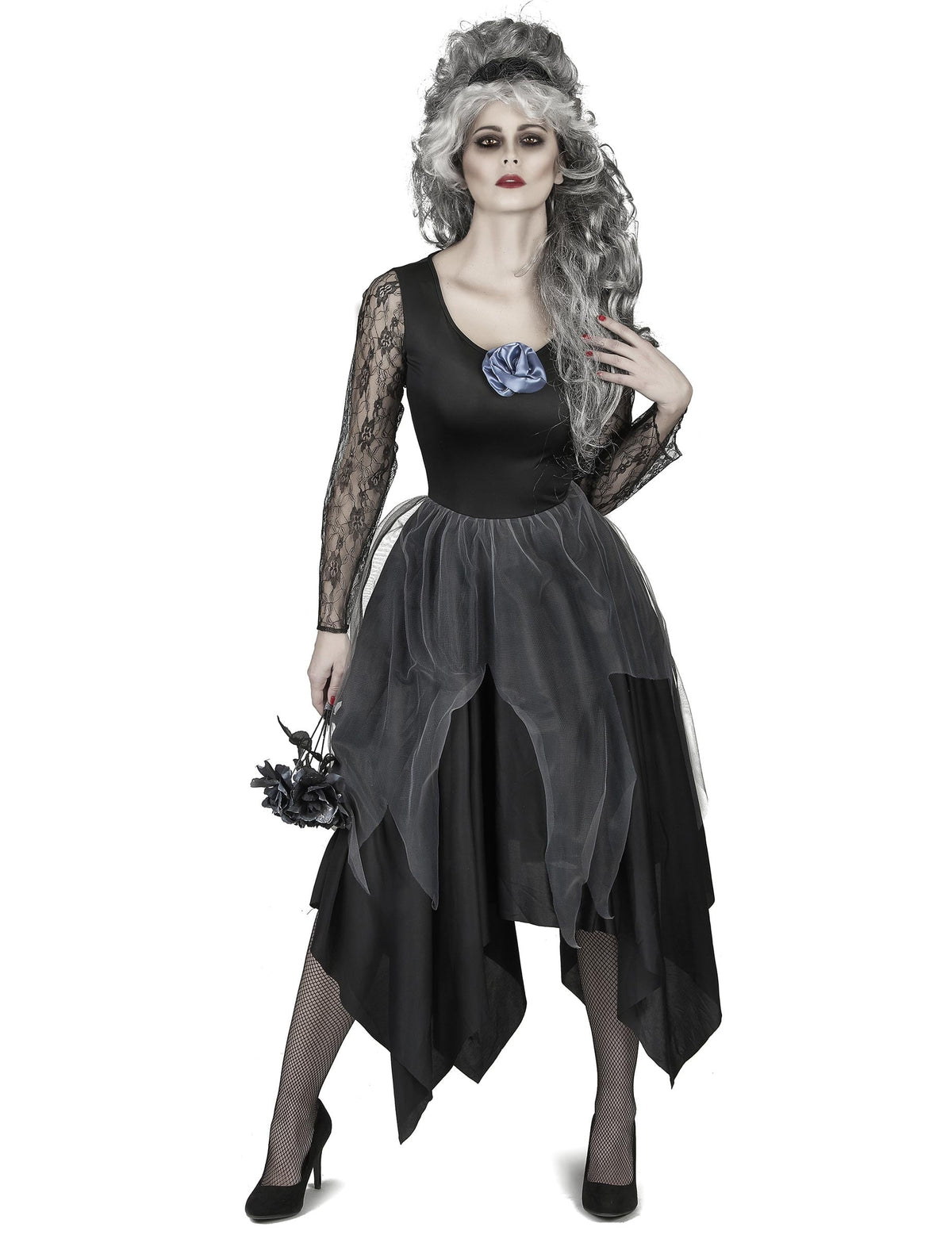 Déguisement mariée ténèbre dentelle pour femme noir et gris