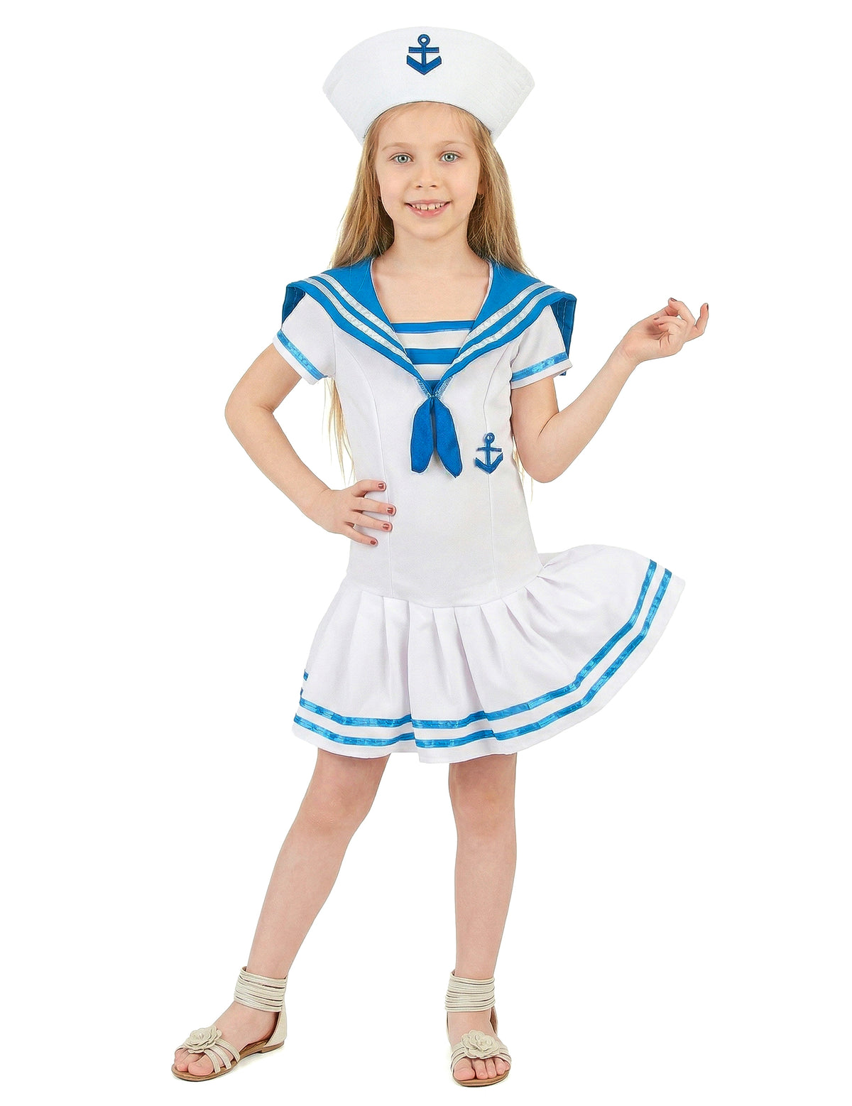 Déguisement de marin ancre pour fille blanc et bleu avec chapeau
