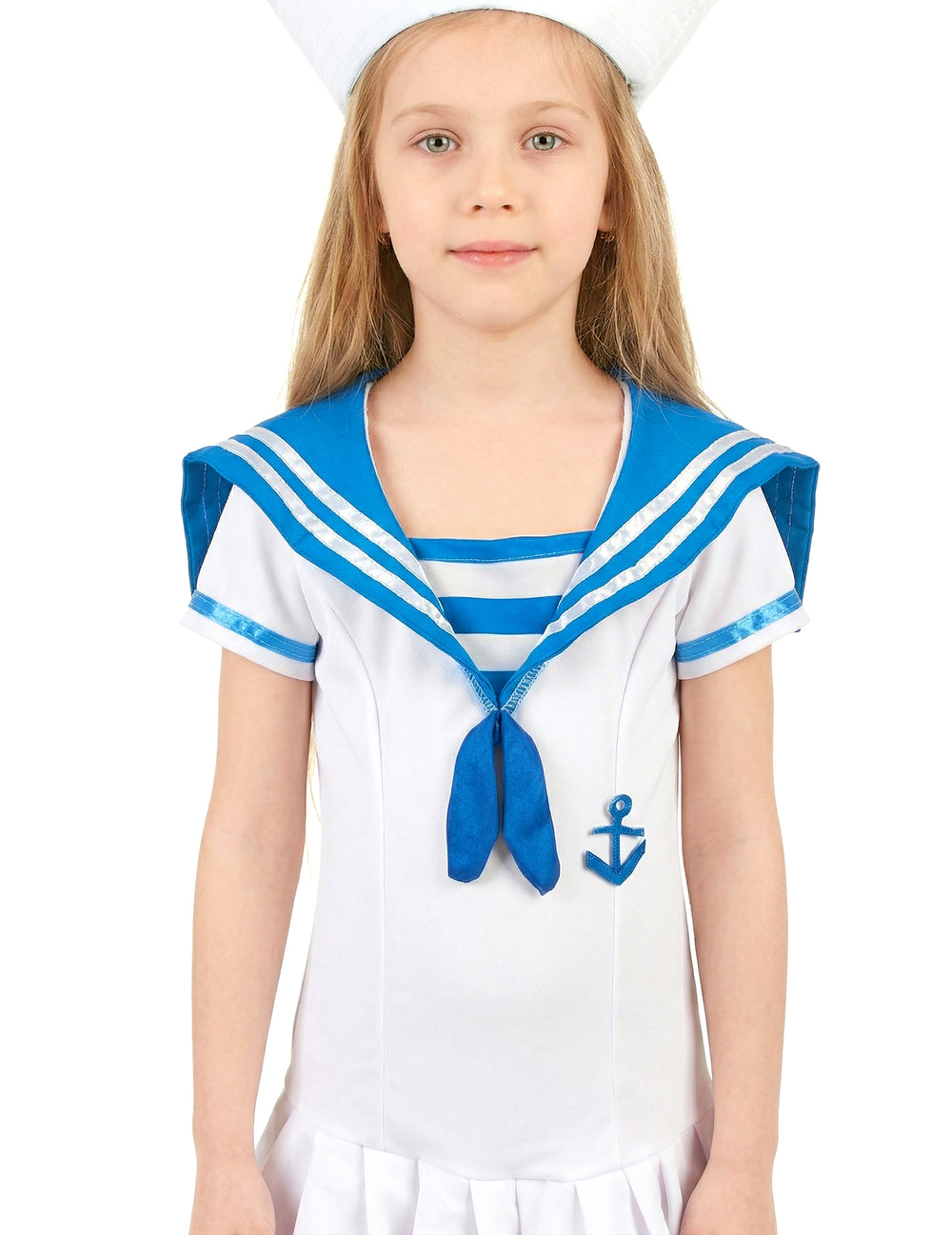 Détail du col et de l'ancre du déguisement de marin ancre pour fille
