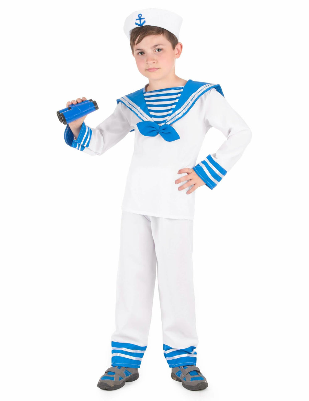 Costum de marinar pentru băiat albastru și alb cu beretă