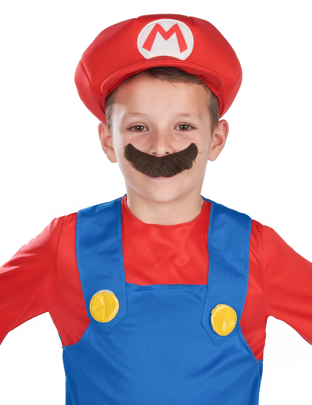 Gros plan sur la moustache et la casquette du déguisement Mario pour enfant
