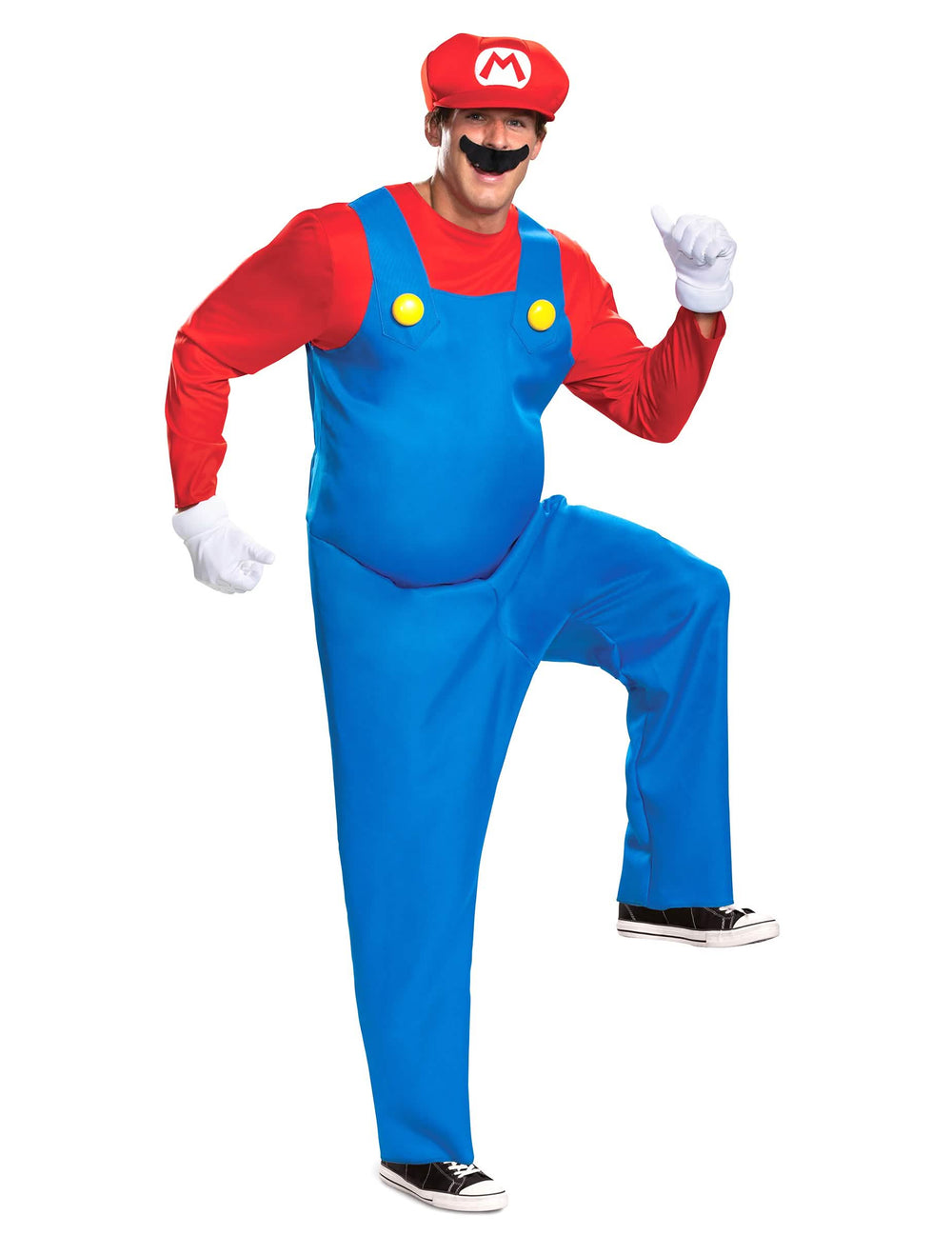 Vedere de ansamblu în poziție dinamică a costumului Mario pentru adult