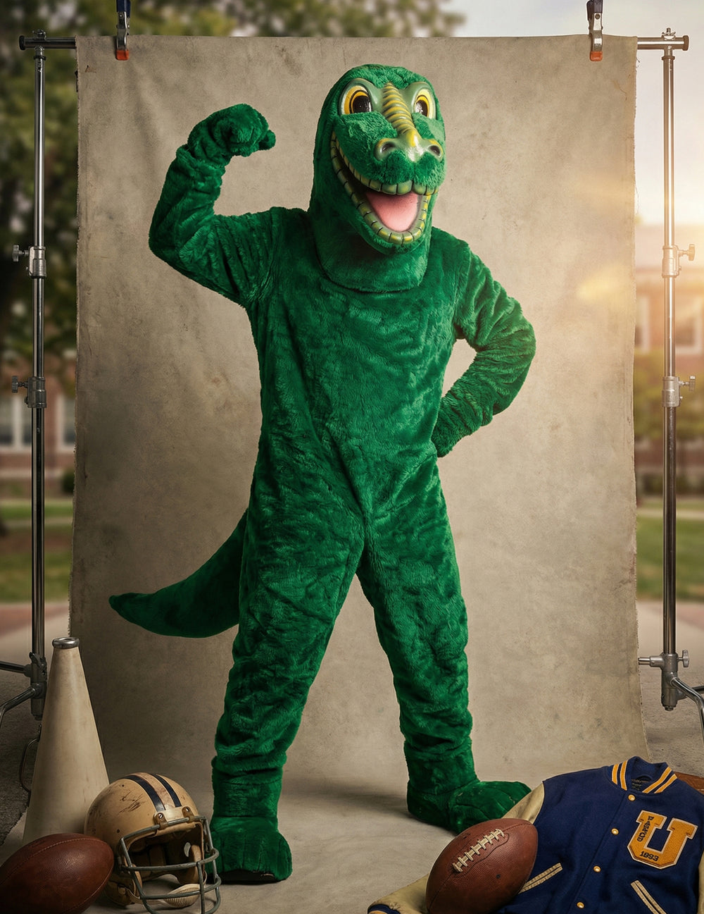 Pose dynamique avec accessoires de sport du déguisement mascotte dinosaure