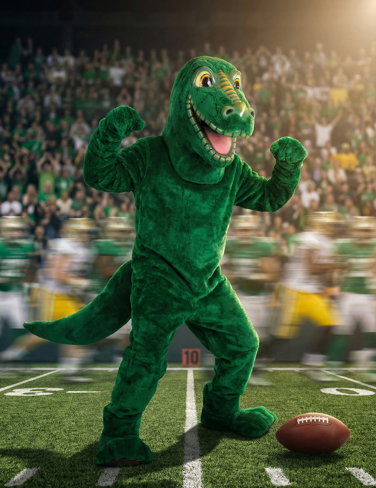 Mise en situation dans un stade du déguisement mascotte dinosaure pour adulte