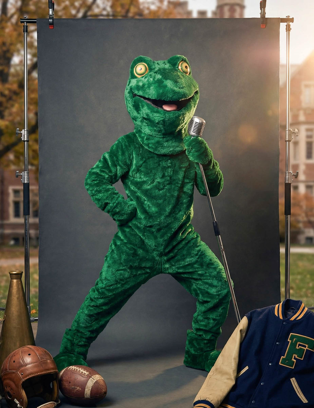 Poza cu micro a costumului mascote broască pentru adult