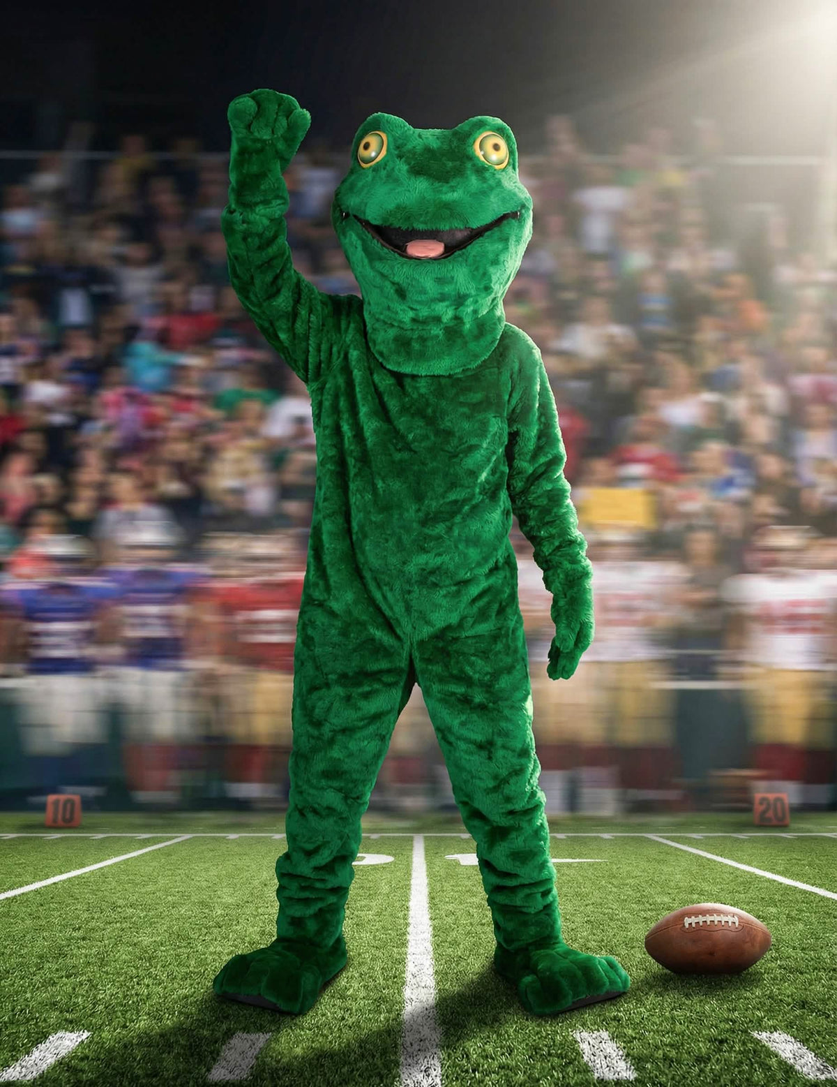 Punere în scenă pe un teren de fotbal a costumului mascote broască pentru adult