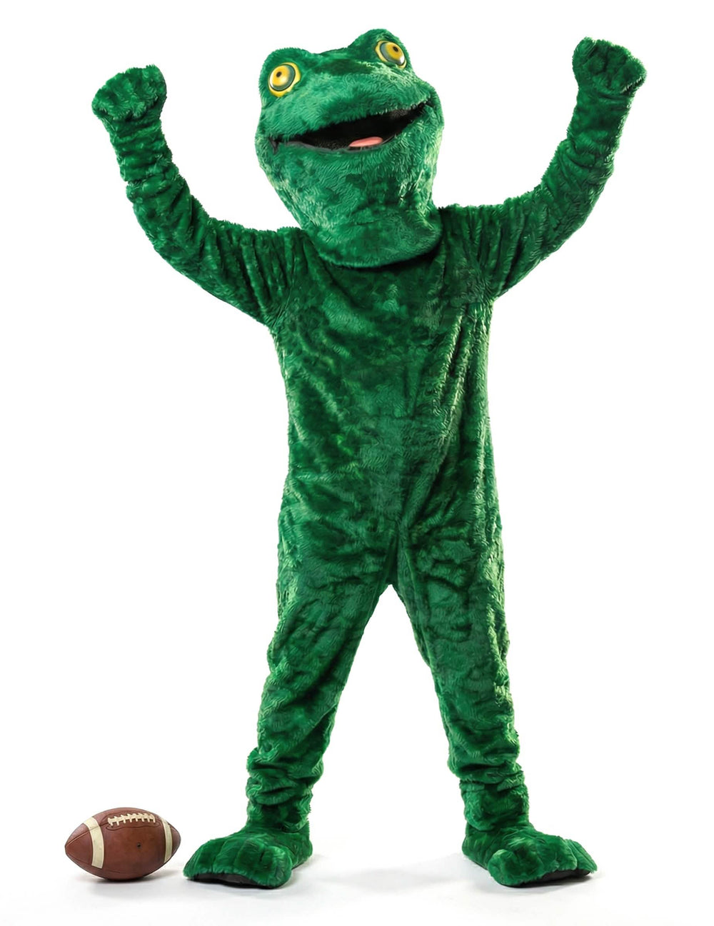 Punere în scenă cu balon de fotbal și brațe ridicate al costumului mascote broască pentru adult