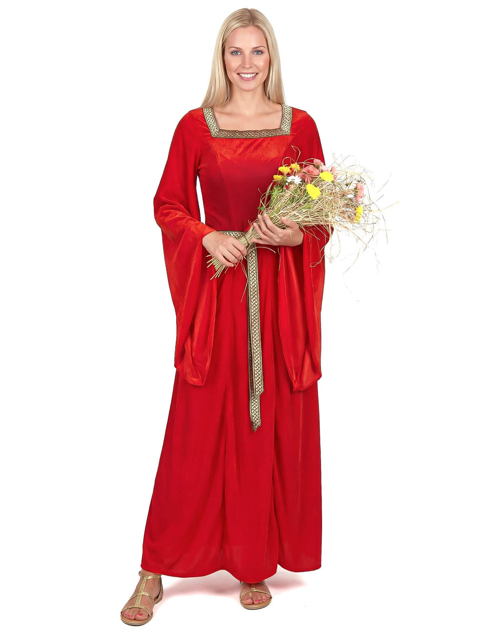 Costum medieval pentru femeie roșu cu efect de catifea cu galoane aurii