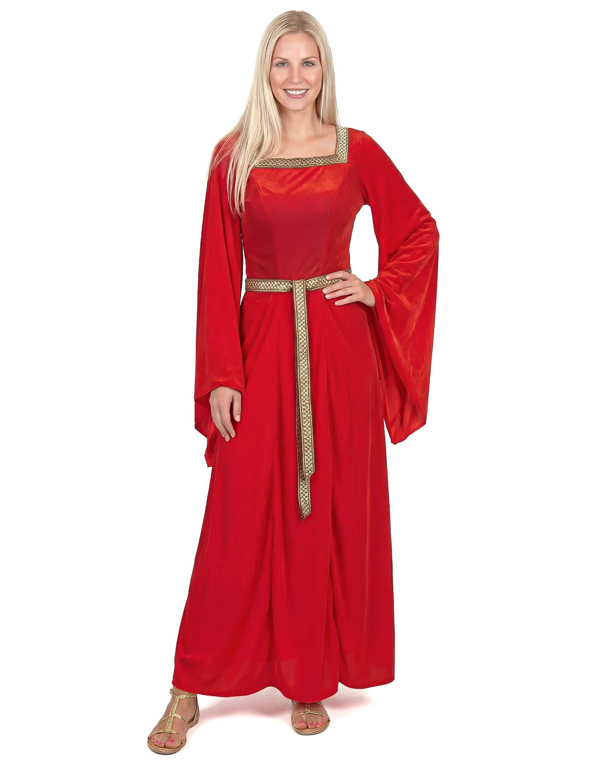 Vedere din față a costumului medieval pentru femeie roșu cu efect de catifea