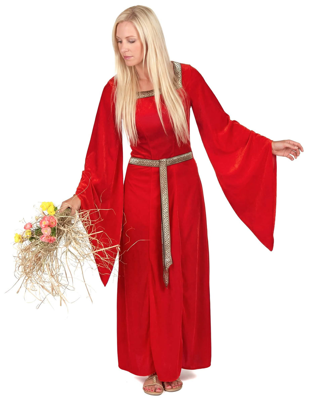 Privire de ansamblu asupra costumului medieval pentru femeie roșu cu efect de catifea