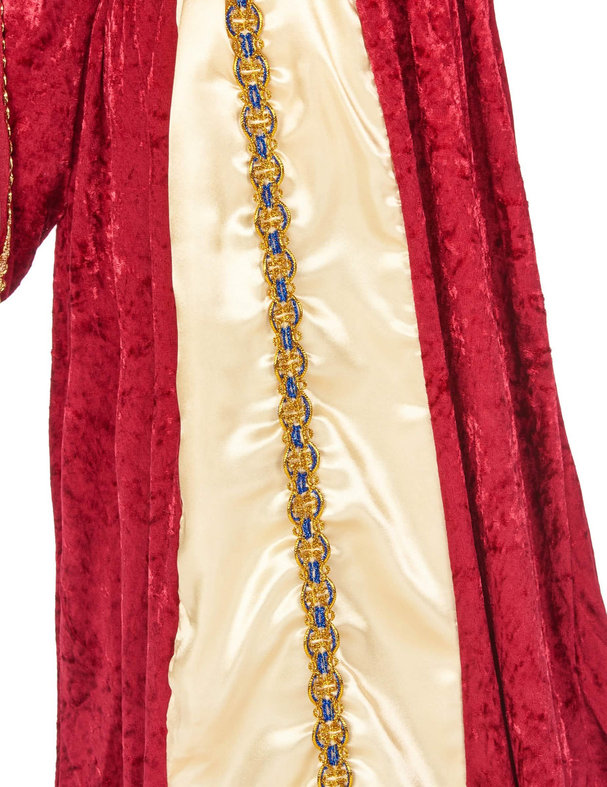 Détail du tissu en velours et du galon doré du déguisement de reine médiévale