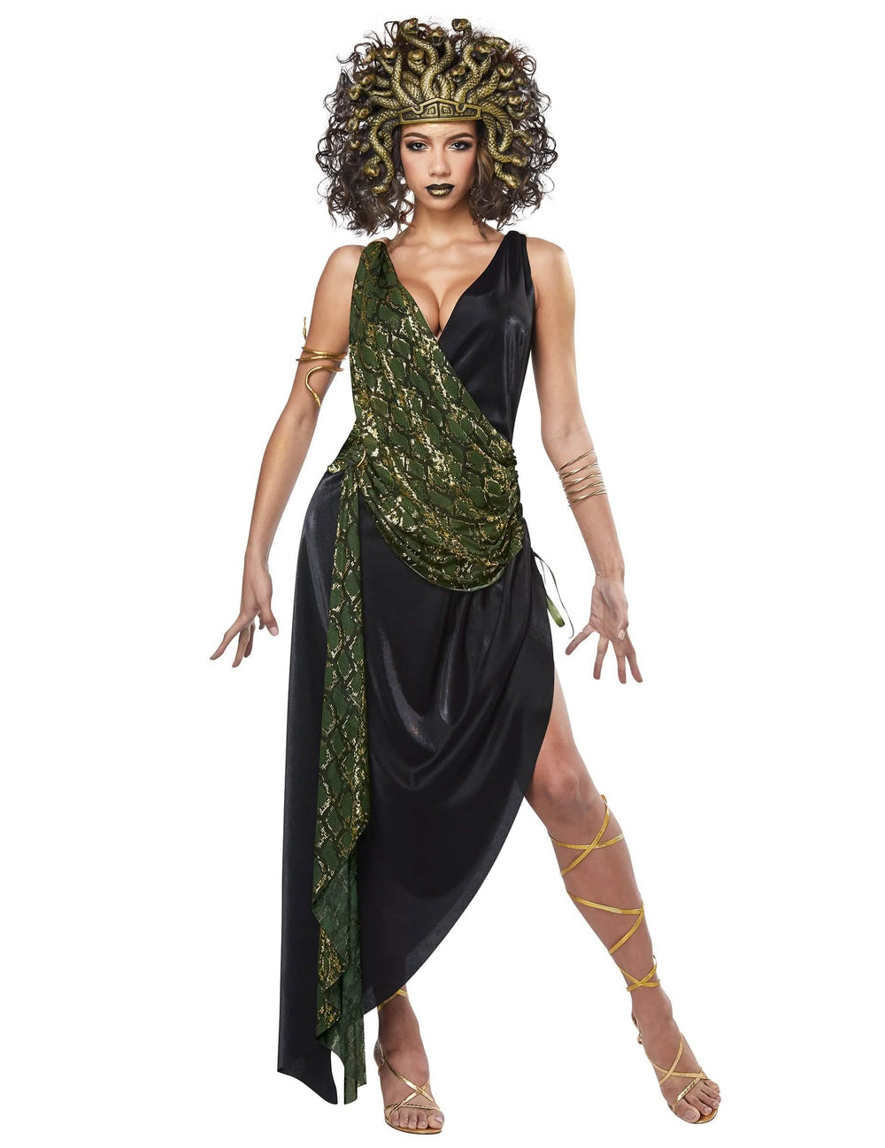 Costum de meduză pentru femeie negru și verde cu coafură de șerpi aurii