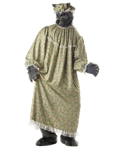 Déguisement mère-grand loup pour adulte avec robe de nuit fleurie verte et masque de loup