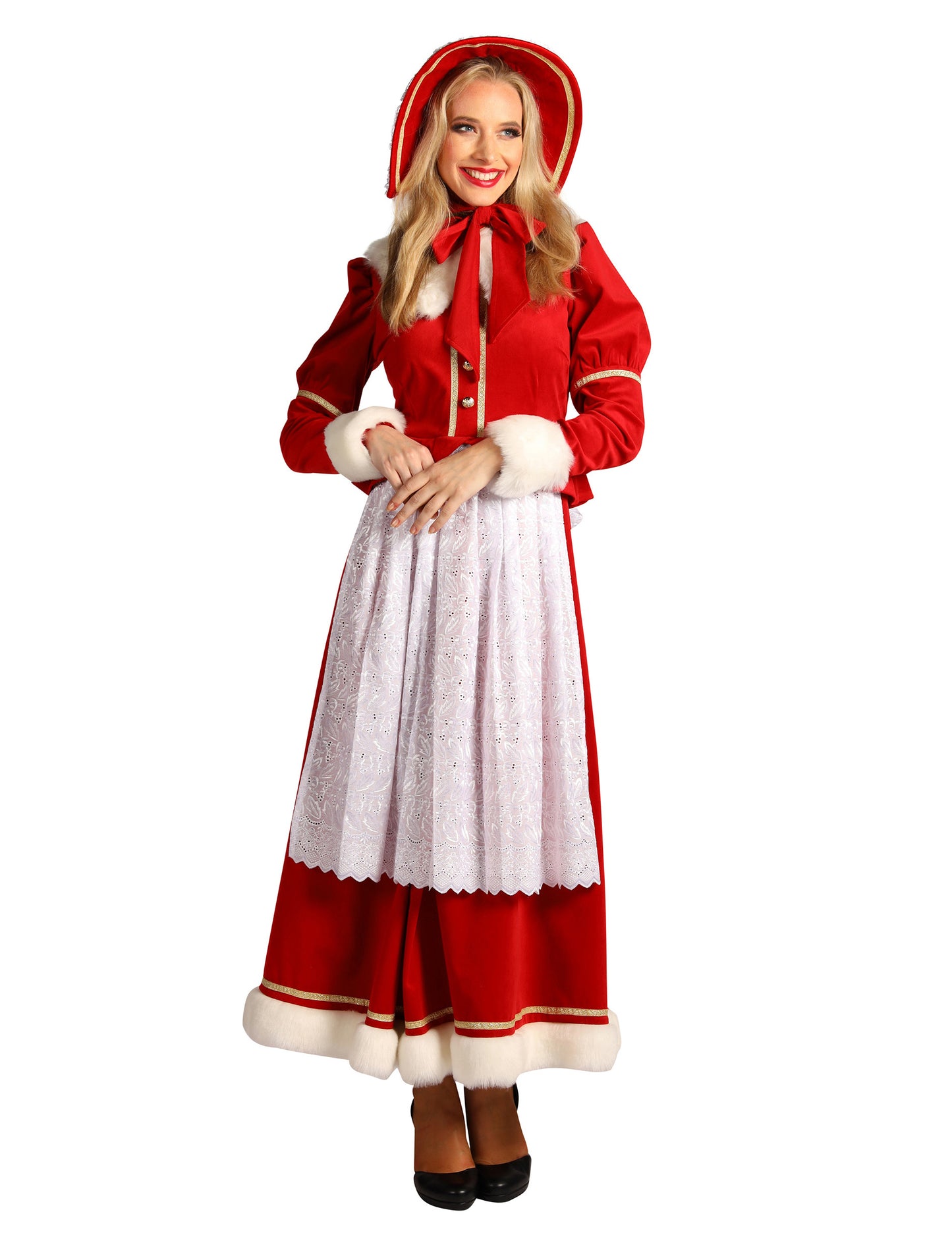 Costum tradițional de Doamna Crăciun pentru femeie cu șorț