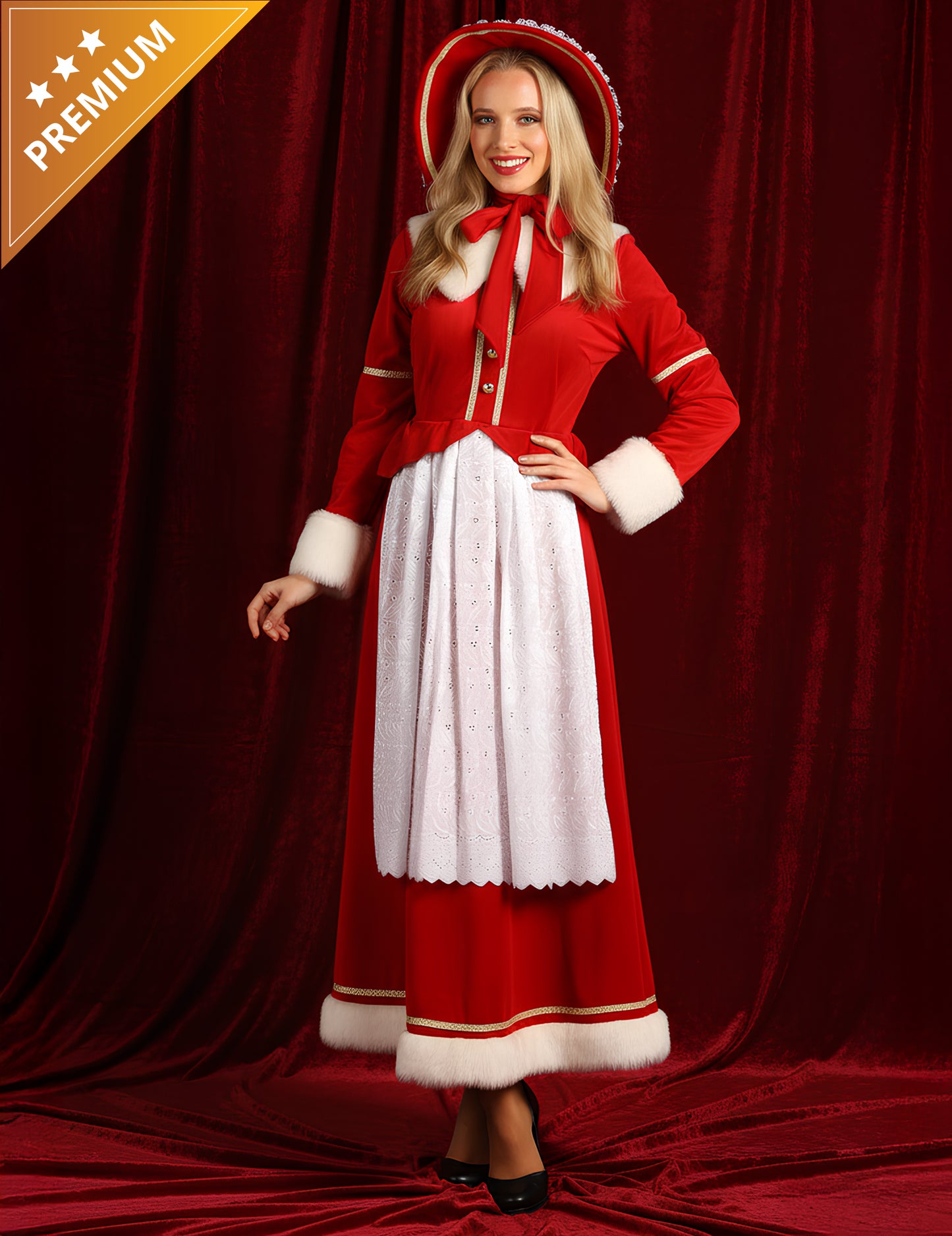 Costum tradițional de Doamna Crăciun pentru femeie cu șorț