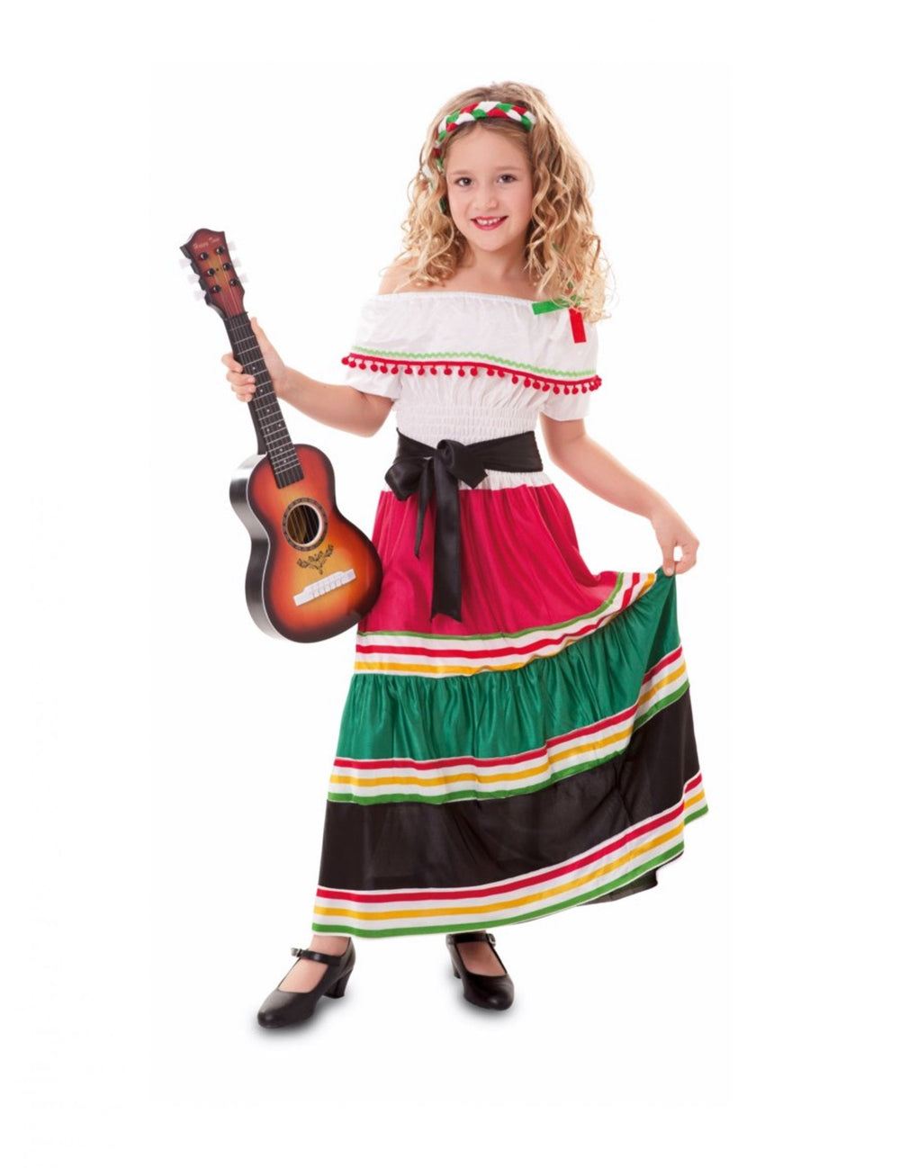 Déguisement mexicaine colorée pour fille blanc rouge et vert avec jupe à volants et guitare