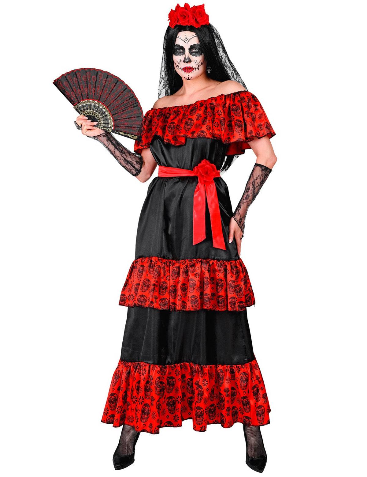 Déguisement Mexicaine Dia de los muertos pour femme noir et rouge à motifs têtes de mort