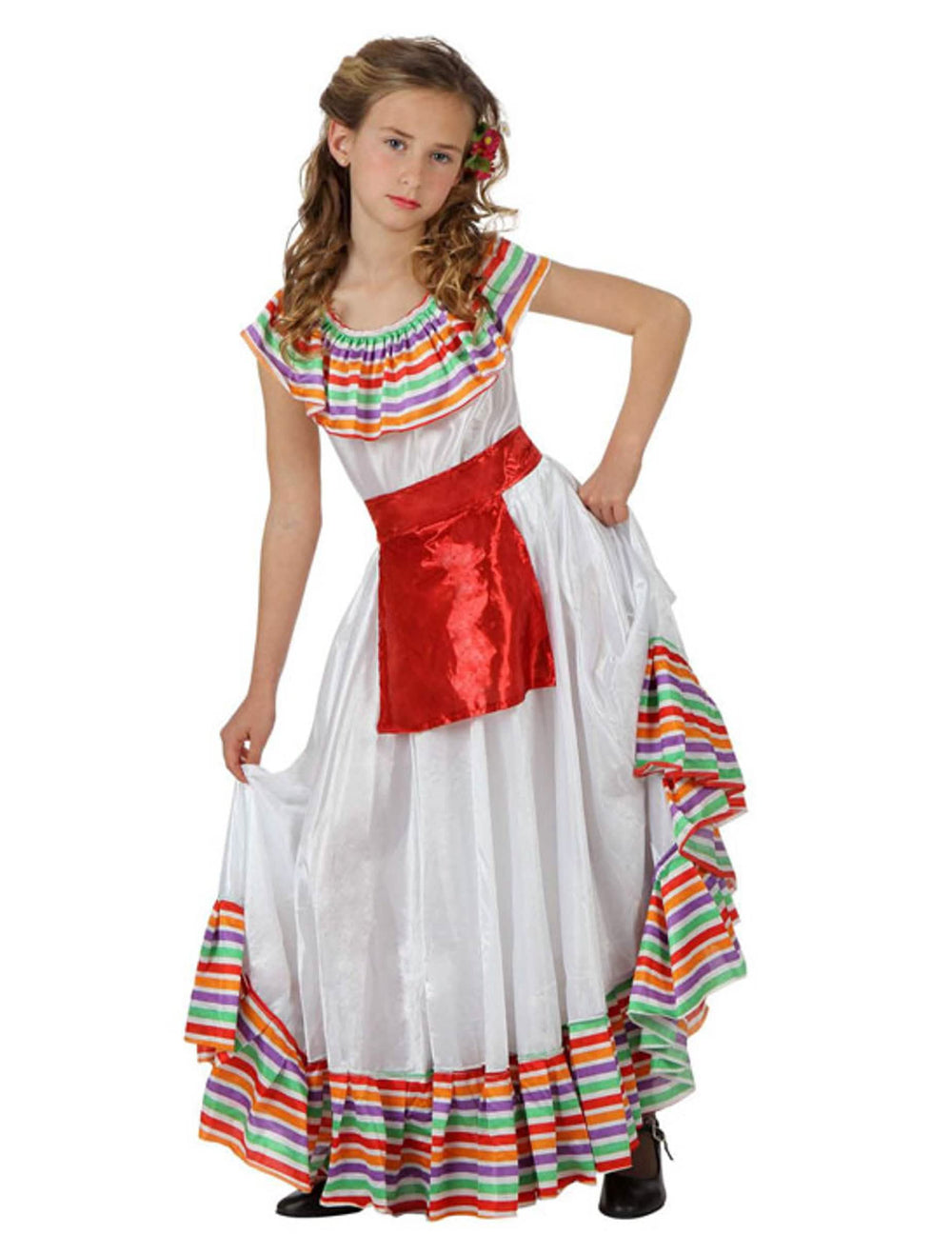 Costum de mexicană pentru fată alb cu volane multicolore și curea roșu