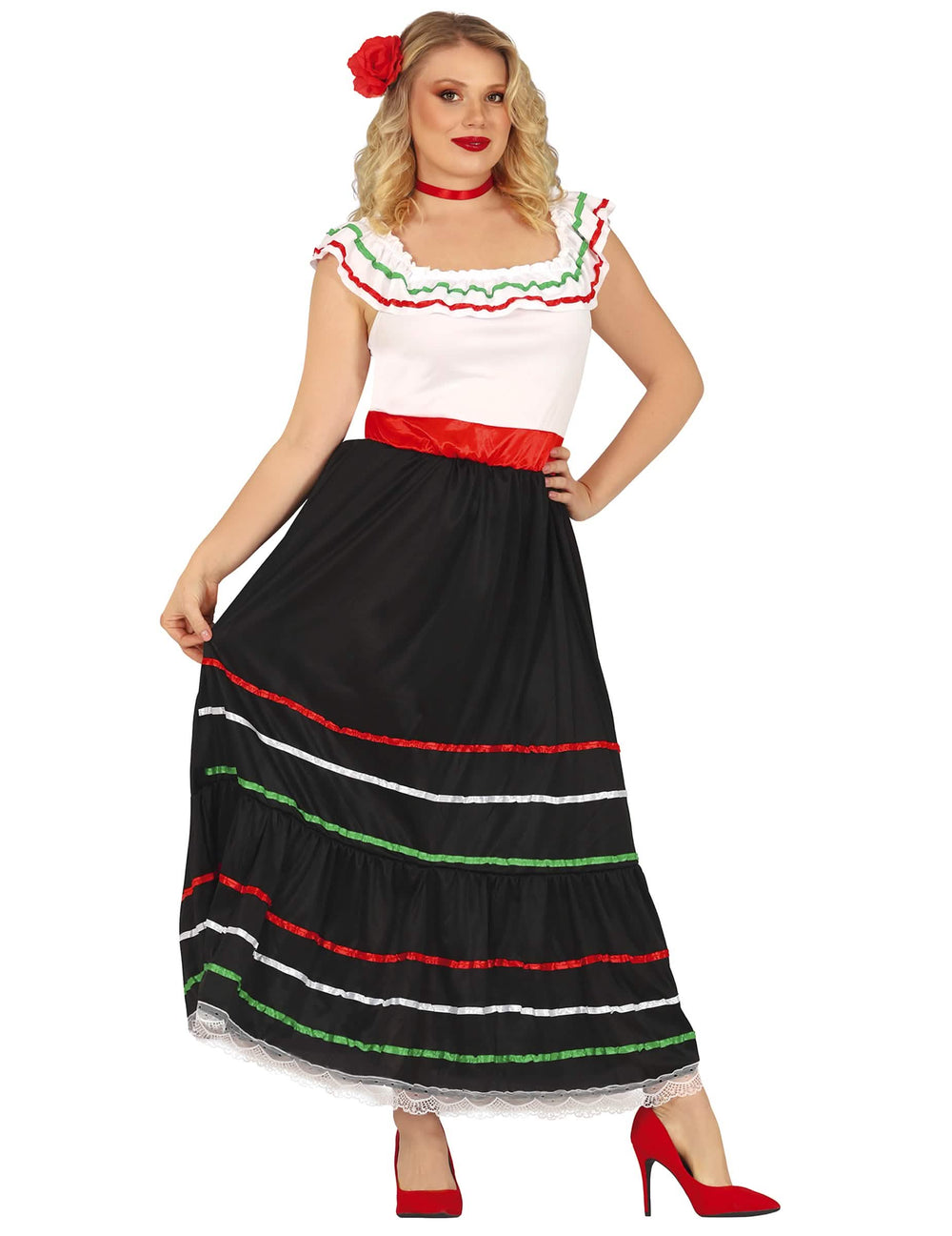 Costum mexican de femeie lung alb și negru cu panglici colorate