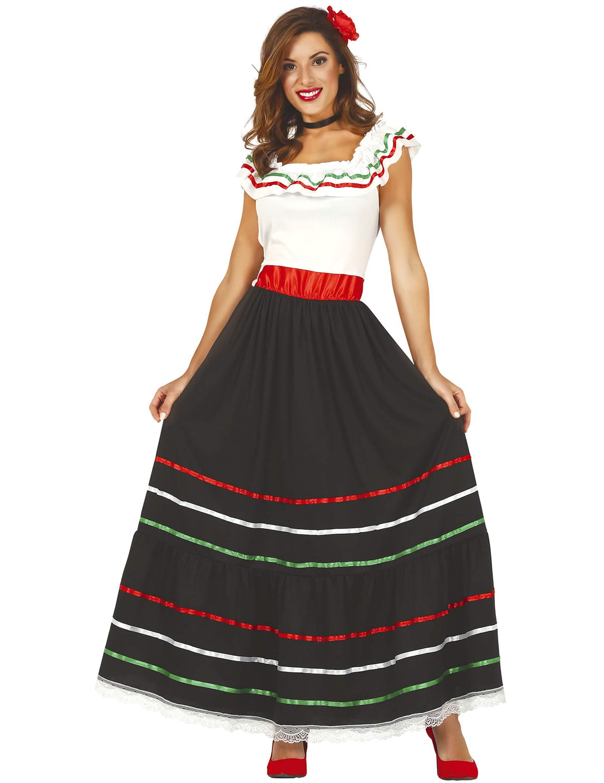 Costum mexican lung pentru femeie negru, alb și roșu cu panglici tricolore