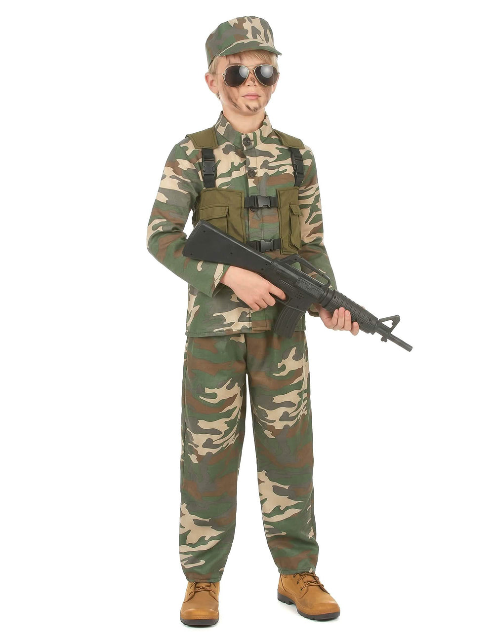 Costum militar pentru băiat verde camuflaj cu șapcă și vestă