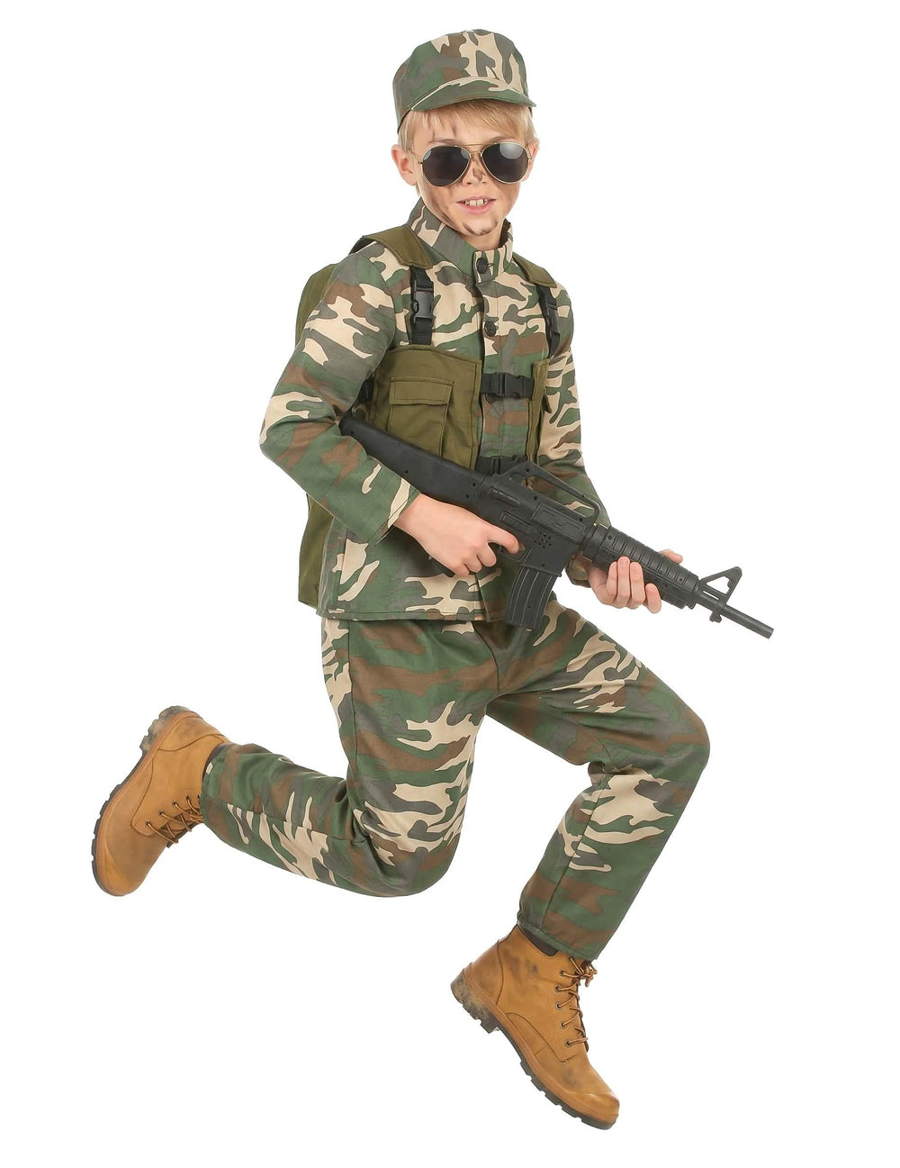 Vedere din profil în acțiune cu pușcă a costumului militar pentru băiat