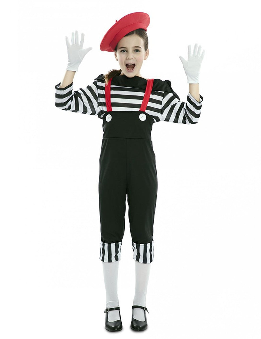 Déguisement de mime avec pantalon pour fille noir et blanc avec béret rouge