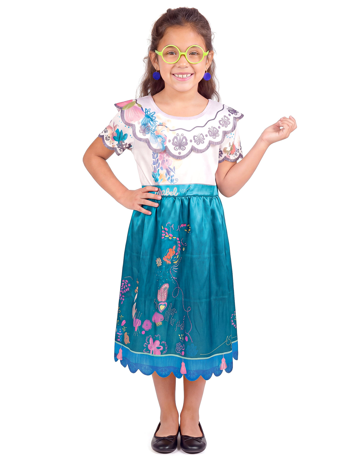 Déguisement Mirabel Encanto™ classique pour enfant blanc et bleu avec lunettes vertes