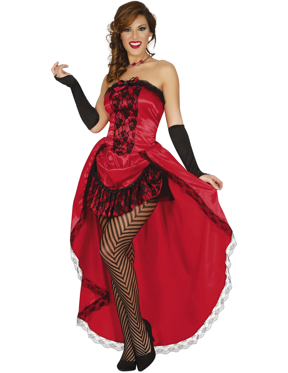 Costum de miss burlesque pentru femeie roșu cu dantelă neagră