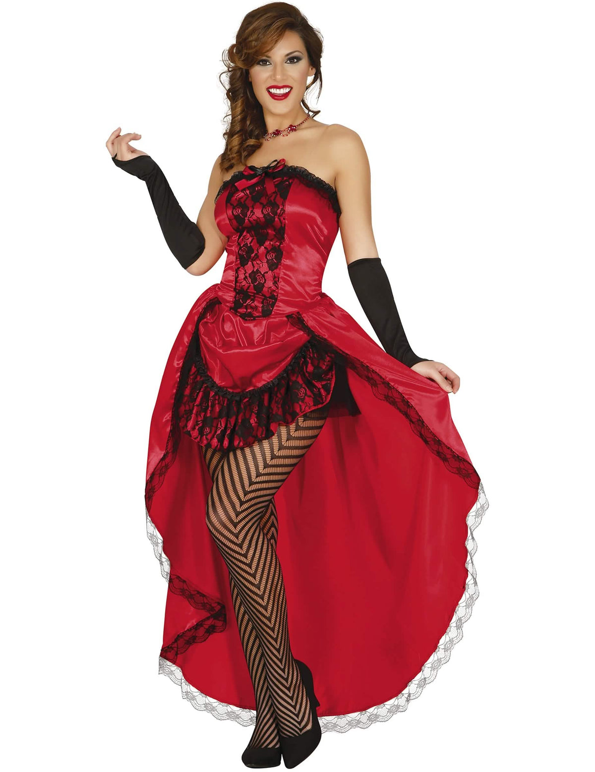 Costum de miss burlesque pentru femeie roșu cu dantelă neagră