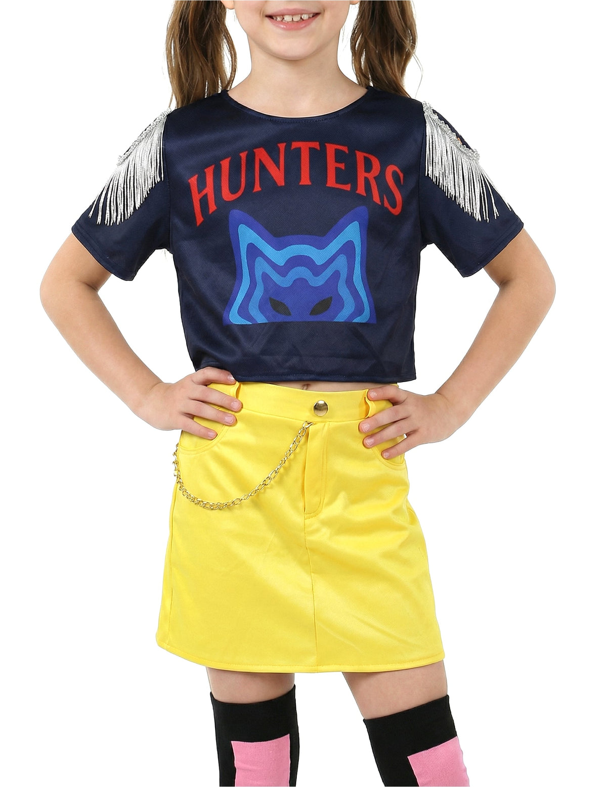 Vue de face du t-shirt et de la jupe du déguisement miss Kpop pour fille