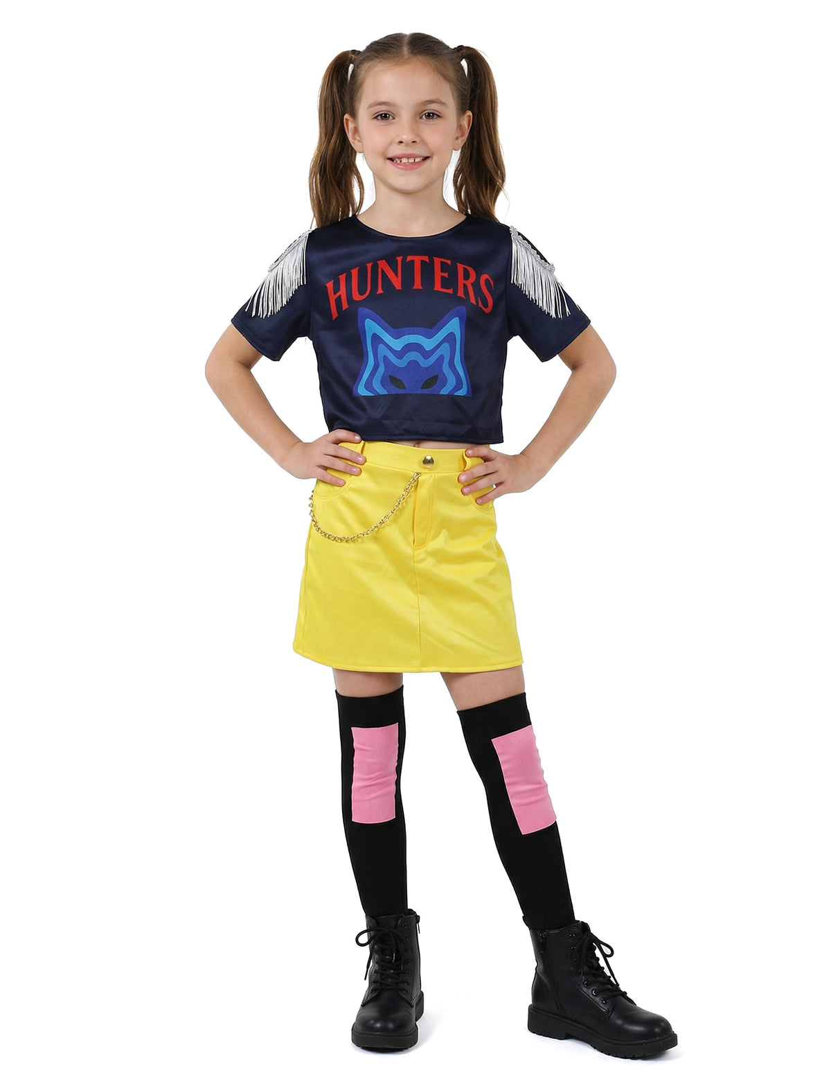 Déguisement miss Kpop pour fille bleu marine et jaune avec jupe et chaussettes montantes