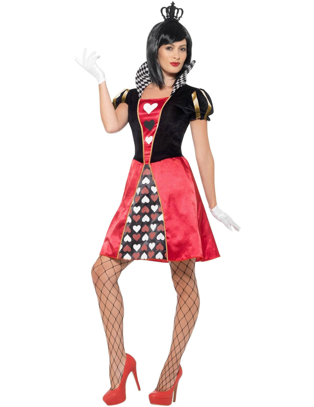 Costum miss regine de cărți de inimă pentru femeie roșu și negru cu motive inimioare și coroană