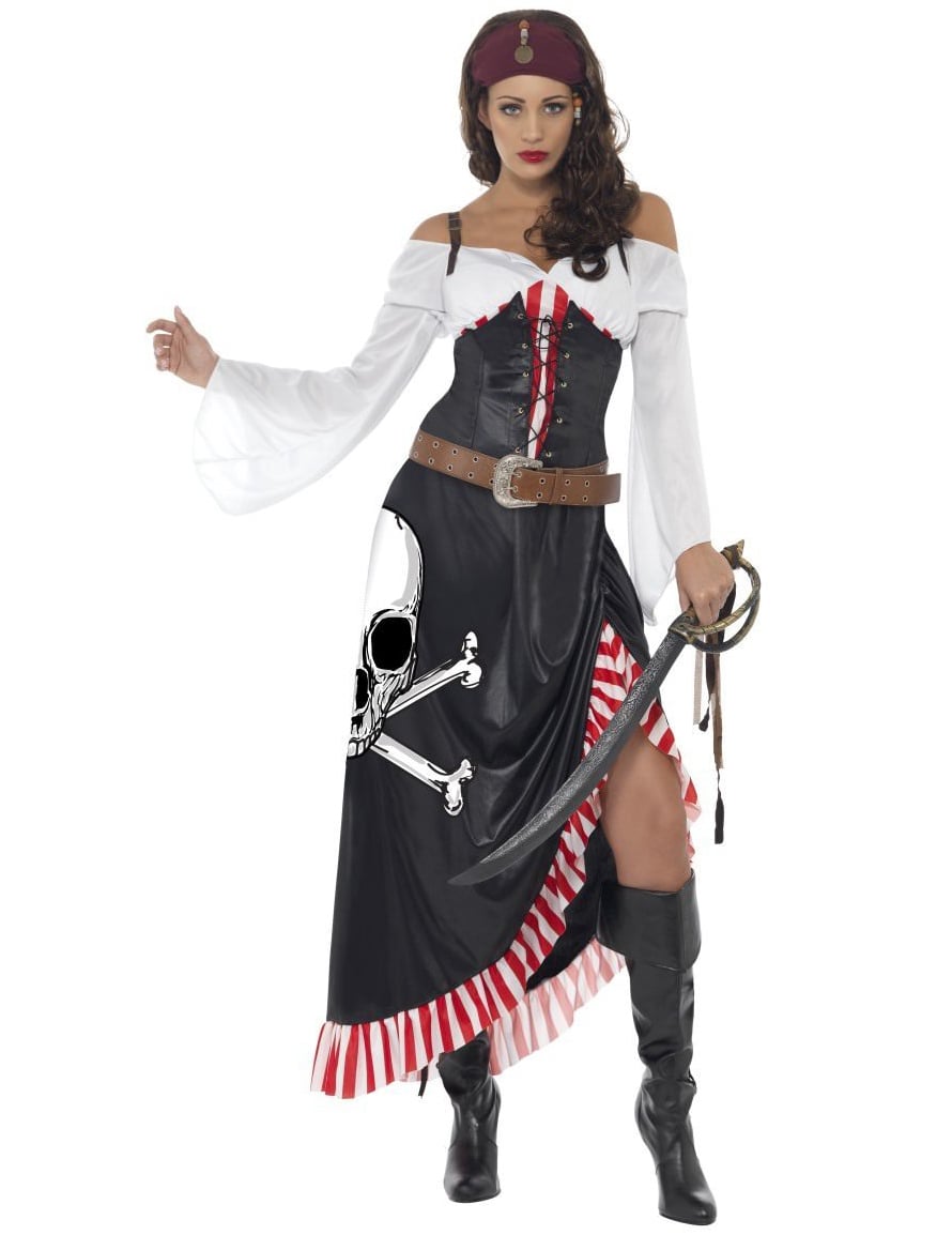 Déguisement miss sexy tête de mort pirate pour femme noir et blanc avec rayures rouges