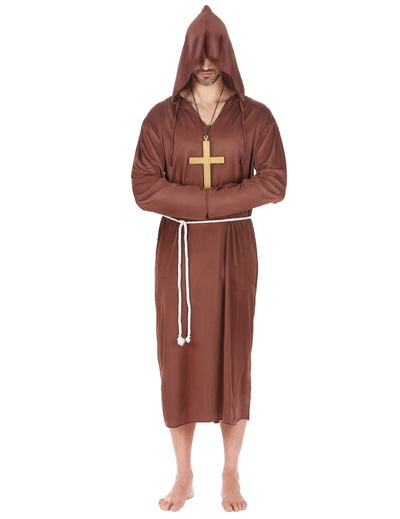 Déguisement moine pour homme marron clair avec capuche et croix dorée